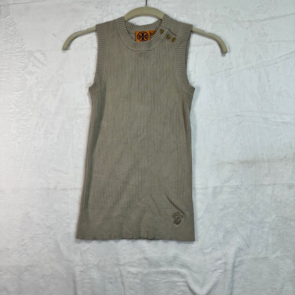 Tory Burch Sleeveless Silk Blend Ribbed Knit Top XS Taupe Button Shoulder Womens